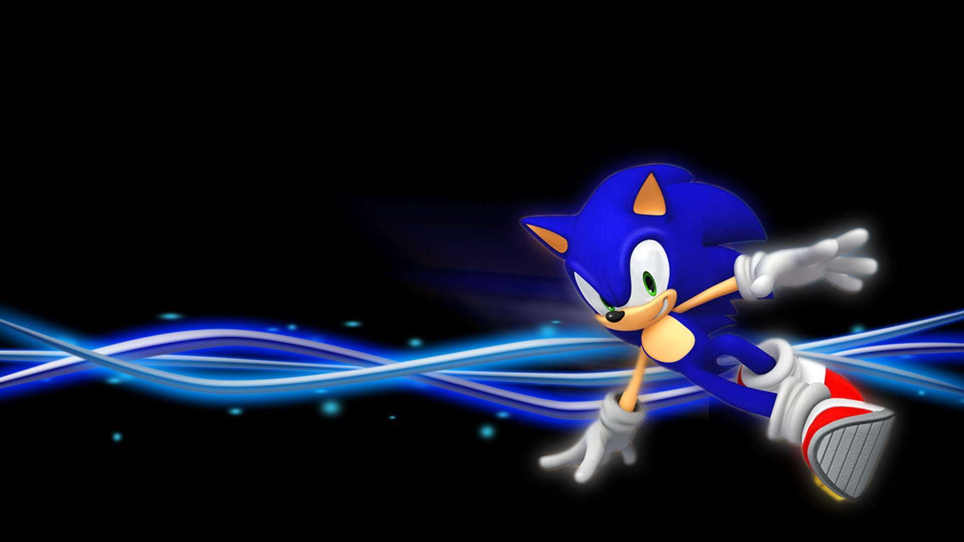 Sonic the Hedgehog from SEGA with a black ground with flashing blue colour from Sonic body to the right and left side of the screen like effect from a star trek movie and Sonic has a black background and Sonic is blue and peach coloured skin and fur and has red and white skater style shoes